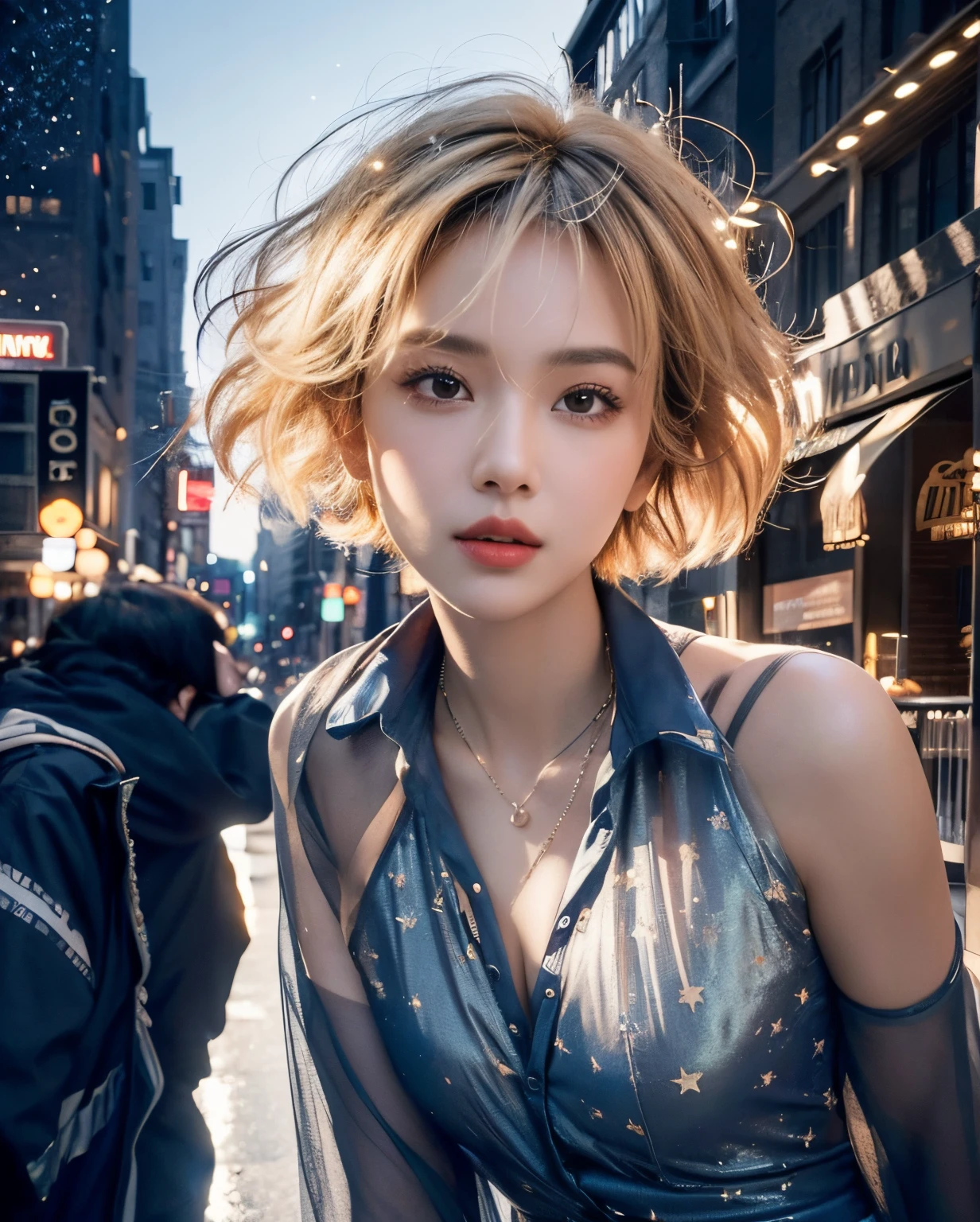 (Best quality, 8k, 32k, Masterpiece, UHD:1.2) "Produce a captivating art piece featuring a girl with a stylish bob haircut, illuminated by dramatic and cinematic lighting that accentuates the contours of her face and hair. Create an atmosphere that exudes intrigue and depth, with shadows and highlights playing a central role in defining the scene. The lighting should emphasize the girl's features and add an extra layer of drama to the composition, making it visually striking and evoking a sense of mystery and allure.", stars, universe