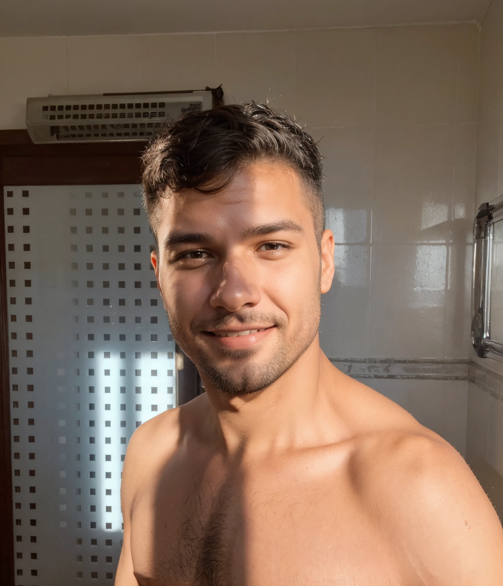 A photorealistic portrait of a 30 year old man smiling, cabello negro, fitness, hot