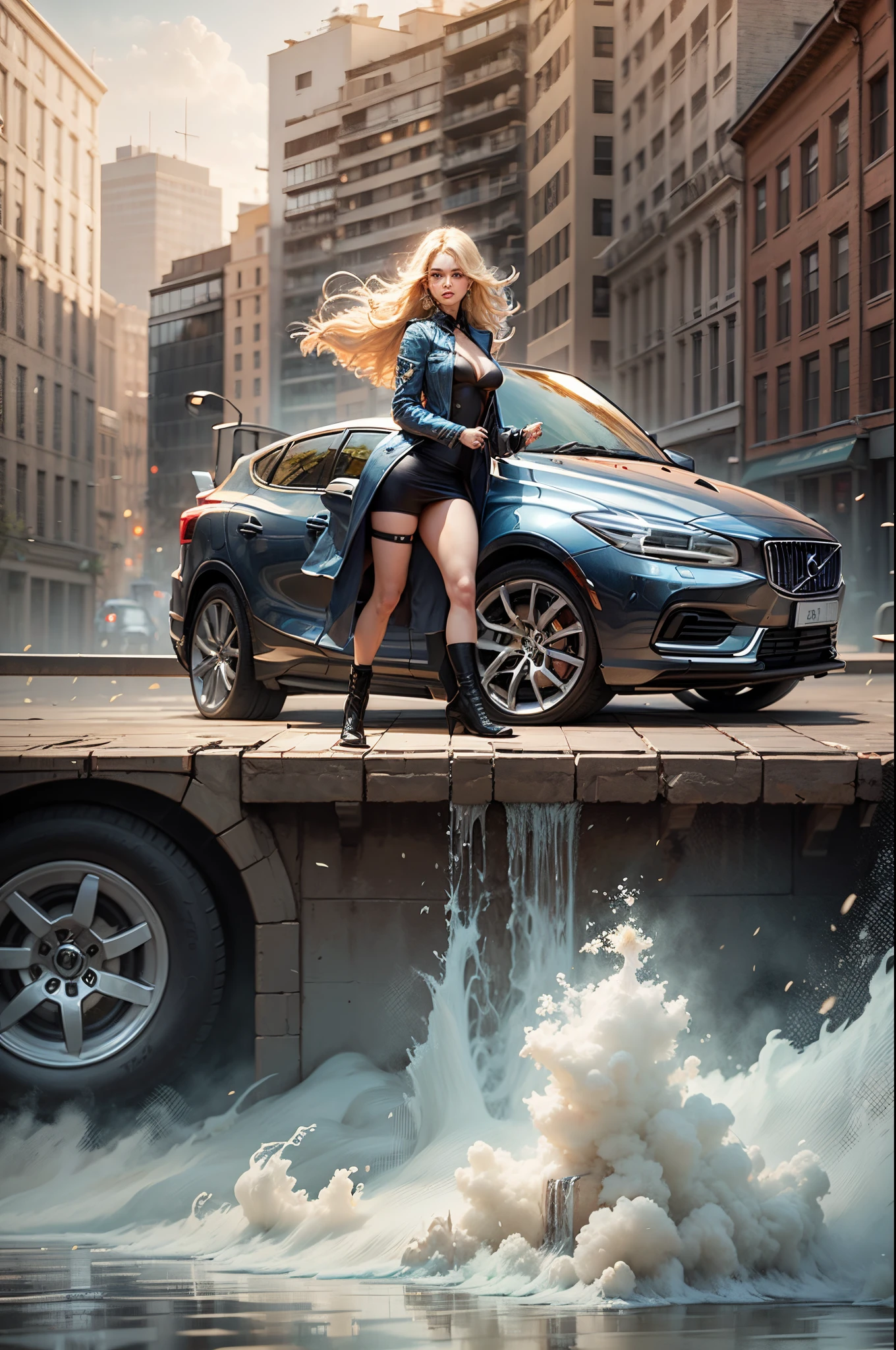 a 50 meter tall blonde girl holding a black volvo v40, fantasy art --auto --s2
