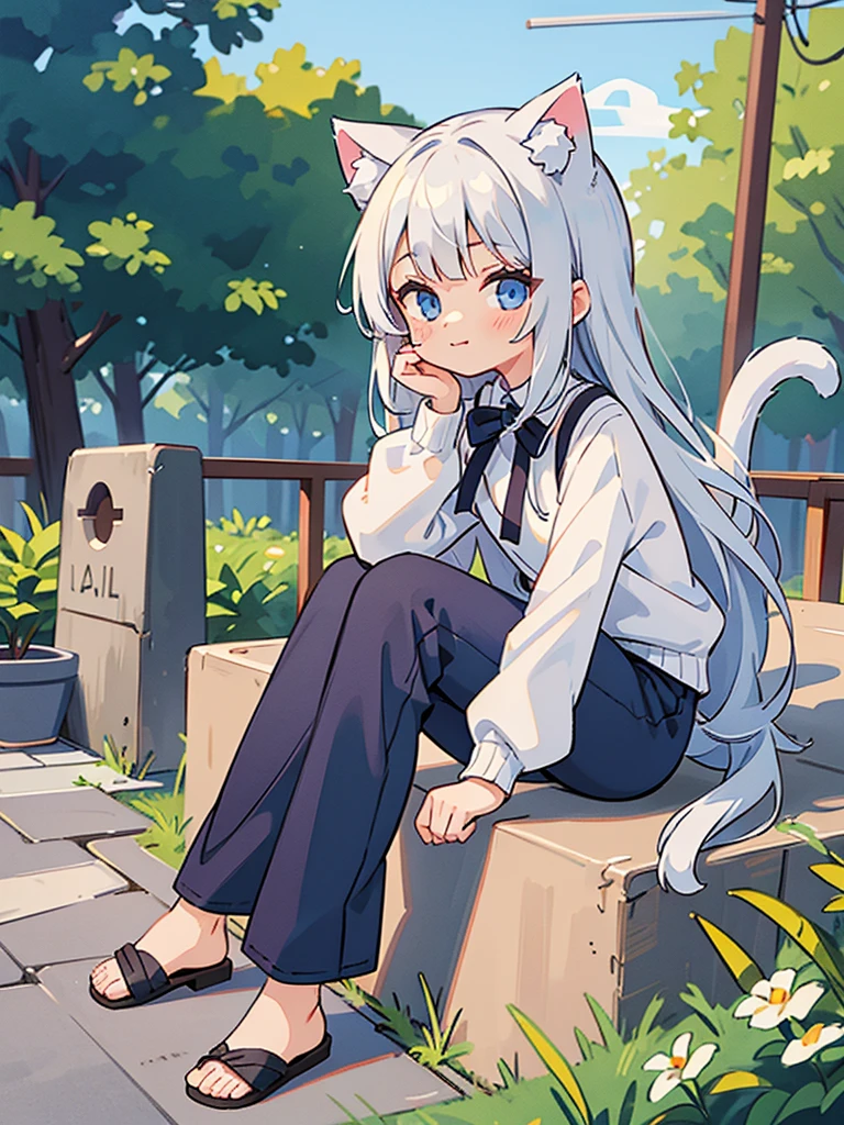 masterpiece, best quality, high res, solo, 1 girl, long hair, silver hair, loli, nice breasts, flat chest, small breasts, bangs, dark blue eyes, blush, wait length hair, looking at viewer, closed mouth, squiggly mouth, cat ears, cat tail, cat girl, happy, sitting down, roadside, sitting on sidewalk, white sweater, dark blue pants, black sandals, head resting on hand, arm resting on knee, pretty, cute, in front of store, road, silver cat ears, small tail, waiting, bright colors, vibrant, extrasharp, high sharpness, nice hands