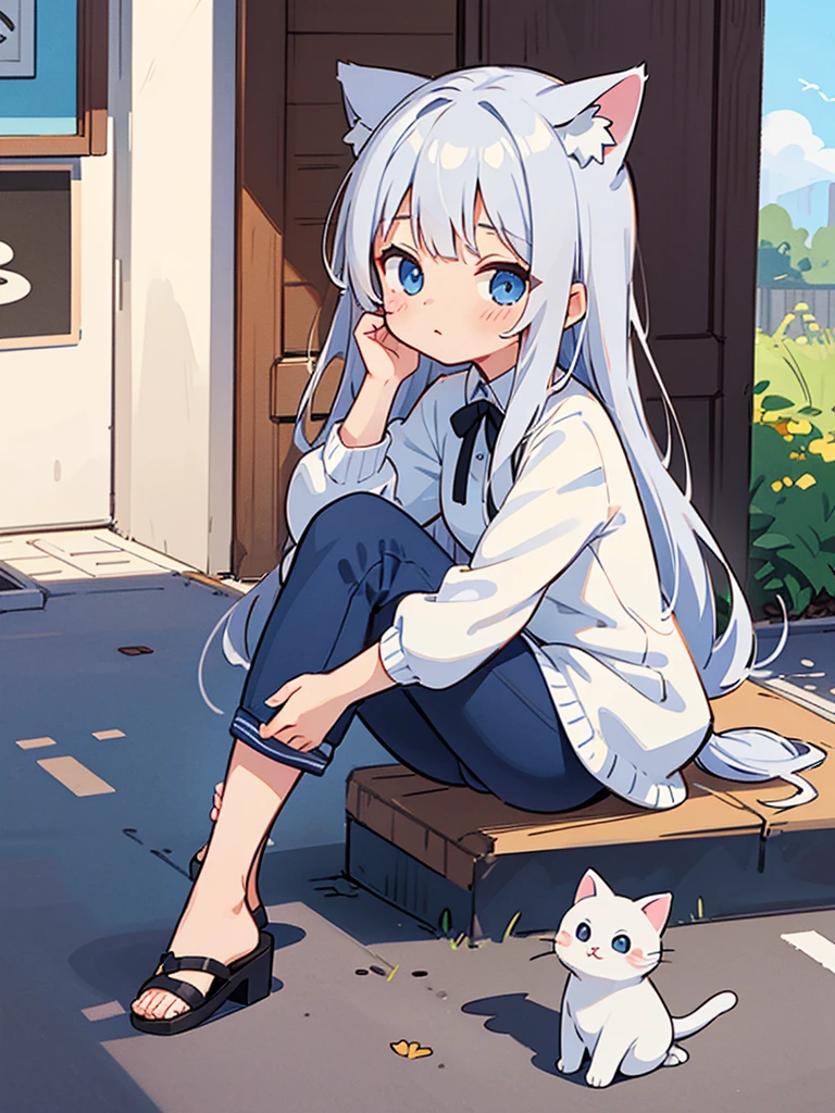 masterpiece, best quality, high res, solo, 1 girl, long hair, silver hair, loli, nice breasts, flat chest, small breasts, bangs, dark blue eyes, blush, wait length hair, looking at viewer, closed mouth, squiggly mouth, cat ears, cat tail, cat girl, happy, sitting down, roadside, sitting on sidewalk, white sweater, dark blue pants, black sandals, head resting on hand, arm resting on knee, pretty, cute, in front of store, road, silver cat ears, small tail, waiting, bright colors, vibrant, extrasharp, high sharpness, nice hands