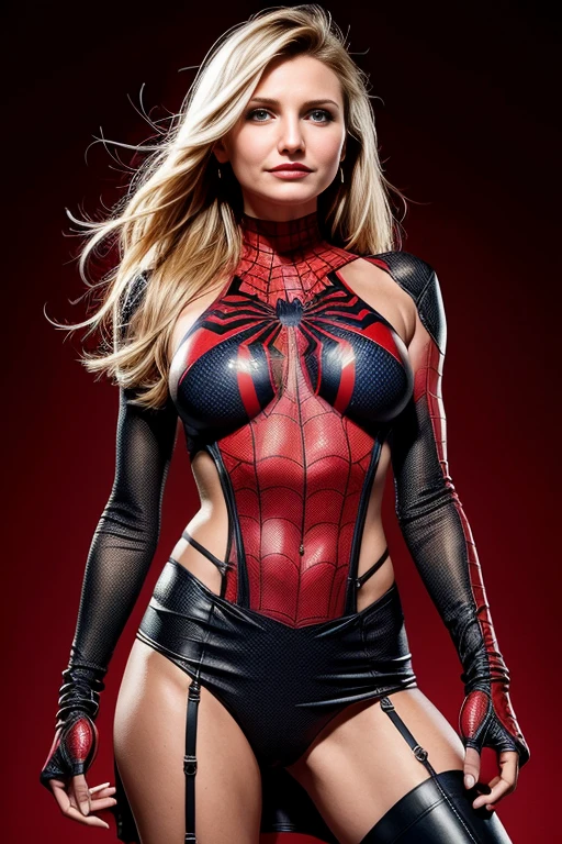 Cameron Diaz、Sticking out the navel、newyork、She wears a torn Spider-Man suit,wearing skirt、 Red and black color scheme,Dynamic、masterpiece、top-quality、ultra-detailliert、ighly detailed、beautiful detailed brilliance、超A high resolution