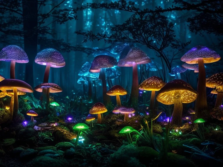 best quality,ultra-detailed,masterpiece:1.2,bioluminescent mushroom,glowing mushrooms,mysterious forest,magical atmosphere,fantastical flora and fauna,enchanting glow,ethereal lighting,radiant colors,nighttime enchantment,glowing spores,luminous fungi,soft moonlight shimmer,mystical ambiance,fantastic fungi,dreamlike scene,dimly lit forest floor,bioluminescent wonderland,mysterious glow through the trees,otherworldly beauty,enchanted forest,serene and magical,tranquil evening,illuminated mushrooms,fairy tale setting,whimsical scene,dazzling luminescence,mystical world of mushrooms,mesmerizing light patterns,nighttime fantasy,hidden treasures in the dark,glowing secret garden,luminescent magic