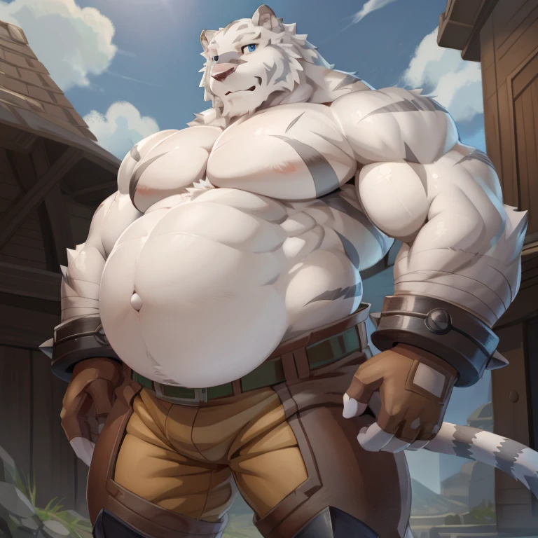 (mercenary (Zero Magic Book)), (White body), (gray bar),  square, (gray scar)，shirtless,(shorter pants:1.1), tit, (Blue eyes),steal， big pecs,My pregnant belly is so massive,No abdominal sagging,The belly is more prominent，obesity，No abs,smooth abdomen ,belly bigger than wasit,(White tiger tail:1.2), (Alone:1.2), The is very detailed, style of anime, cel shading, tmasterpiece ,(Best quality at best), empty,(Extremely detailed illustration), (Detailed CG),  (by null-ghost)