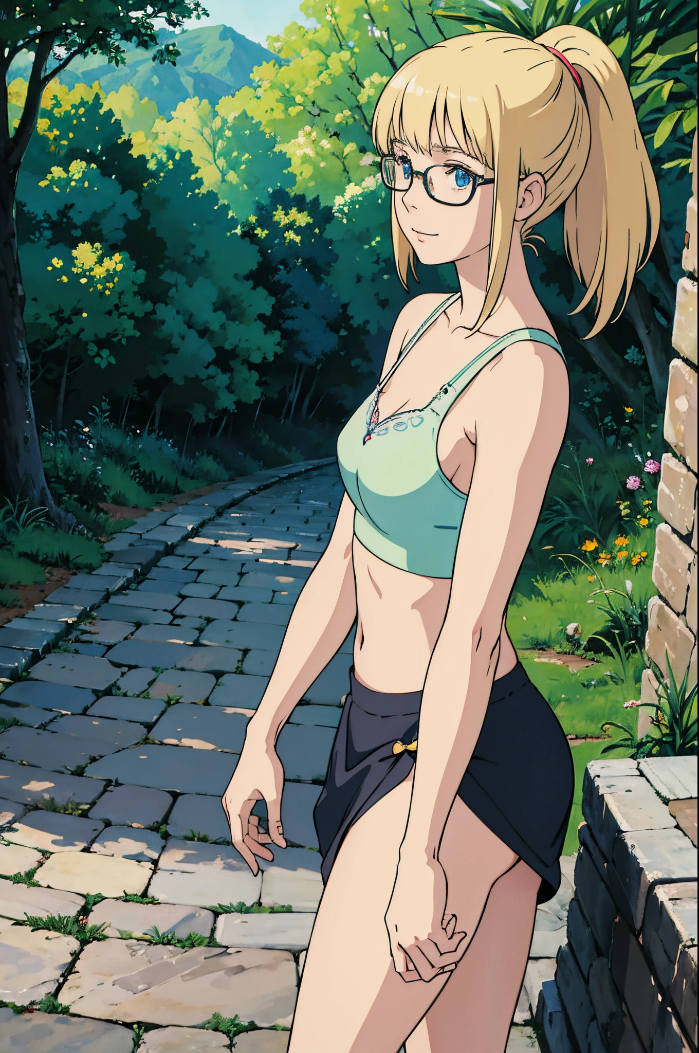 blonde woman with straight hair and bangs, wearing glasses, 1girl, solo, hair in a ponytail, 21 years old, no makeup, soft face, sweet smile, view from the side, small mouth closed, medium boobs, blue eyes, realistic photo, in street, high pov, looking down, green bra, cleavage, midriff, g string panties, thong panties,