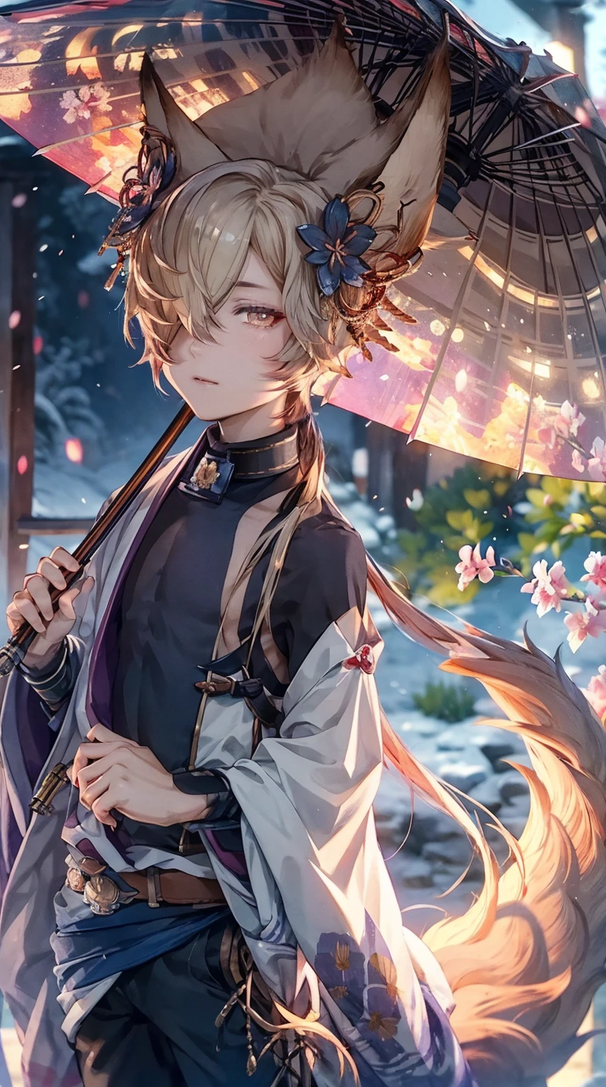 1boy, fox year, he has a Japanese umbrella,cherry blossoms,kimono, moonlight is shining over him,high quality, Best quality, 8K, ultra detailed