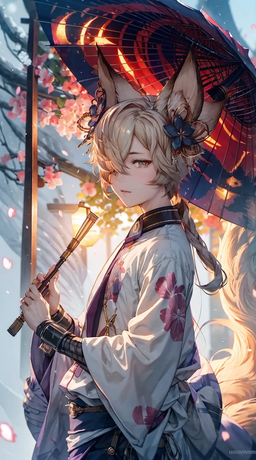 1boy, fox year, he has a Japanese umbrella,cherry blossoms,kimono, moonlight is shining over him,high quality, Best quality, 8K, ultra detailed
