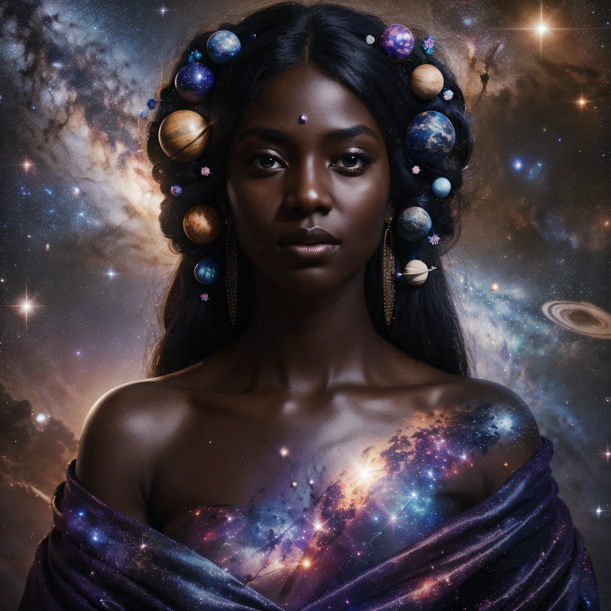 A 8k image of a exptic, celestial being of african decent  with aftican features. She is bery curvy and her ethereal form shimmering with hues of stardust and galaxies, traverses the vast expanse of the cosmos on a glittering cosmic chariot. The image, a vibrant and surreal painting, captures the intricate details of her flowing, iridescent robes and luminous, rainbow-hued hair as she navigates through the universe. Her body looks perfect