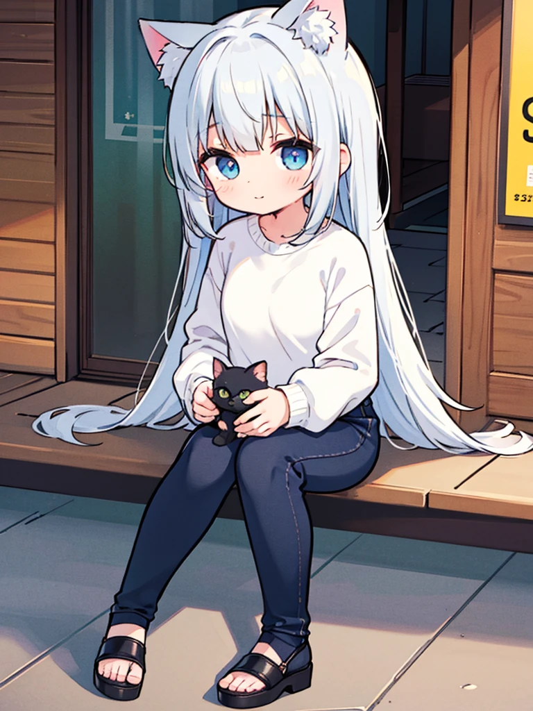 masterpiece, best quality, high res, solo, 1 girl, long hair, silver hair, loli, nice breasts, flat chest, small breasts, bangs, dark blue eyes, blush, wait length hair, looking at viewer, closed mouth, squiggly mouth, cat ears, cat tail, cat girl, happy, sitting down, roadside, sitting on sidewalk, white sweater, dark blue pants, black sandals, head resting on hand, arm resting on knee, pretty, cute, in front of store, road, silver cat ears, small tail, waiting, bright colors, vibrant, extrasharp, high sharpness, nice hands