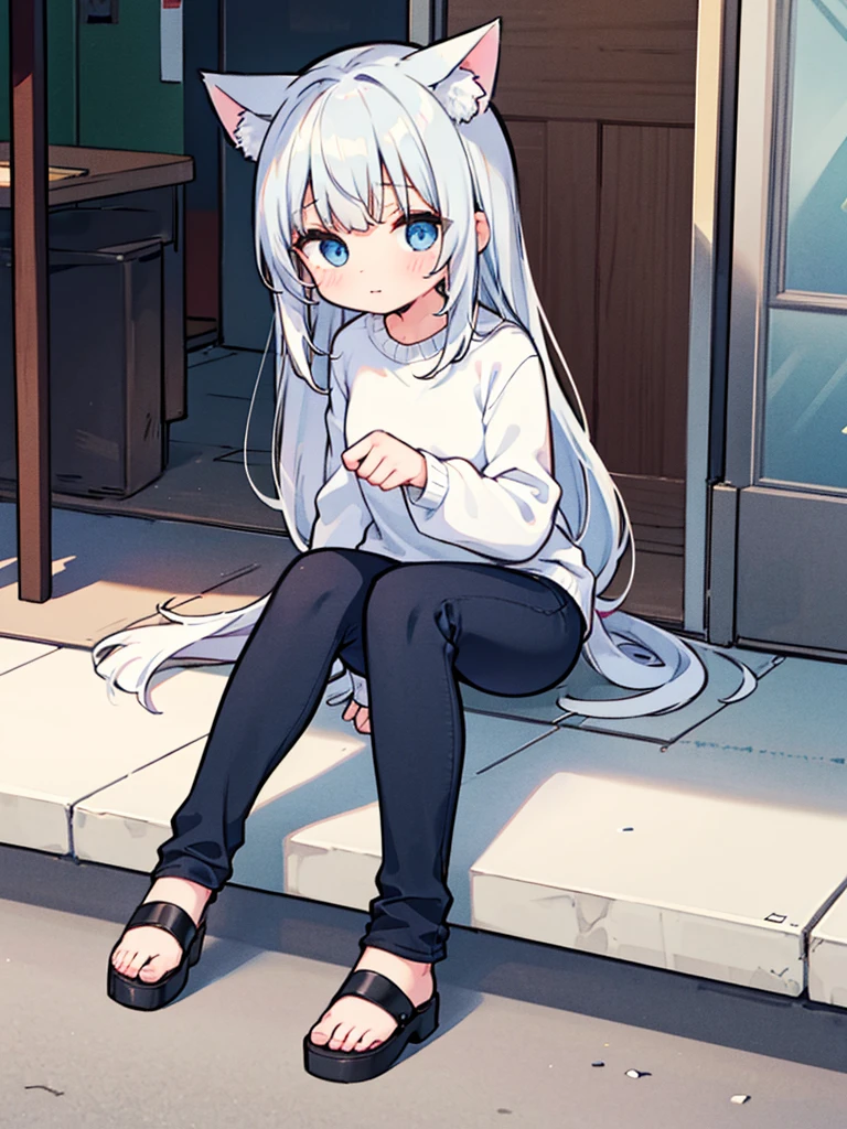 masterpiece, best quality, high res, solo, 1 girl, long hair, silver hair, loli, nice breasts, flat chest, small breasts, bangs, dark blue eyes, blush, wait length hair, looking at viewer, closed mouth, squiggly mouth, cat ears, cat tail, cat girl, happy, sitting down, roadside, sitting on sidewalk, white sweater, dark blue pants, black sandals, head resting on hand, arm resting on knee, pretty, cute, in front of store, road, silver cat ears, small tail, waiting, bright colors, vibrant, extrasharp, high sharpness, nice hands