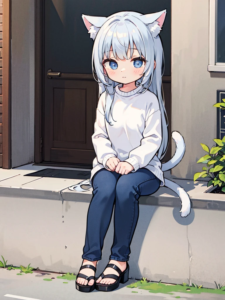 masterpiece, best quality, high res, solo, 1 girl, long hair, silver hair, , nice breasts, flat chest, small breasts, bangs, dark blue eyes, blush, wait length hair, looking at viewer, closed mouth, squiggly mouth, cat ears, cat tail, cat girl, happy, sitting down, roadside, sitting on sidewalk, white sweater, dark blue pants, black sandals, head resting on hand, arm resting on knee, pretty, cute, in front of store, road, silver cat ears, small tail, waiting, bright colors, vibrant, extrasharp, high sharpness, nice hands