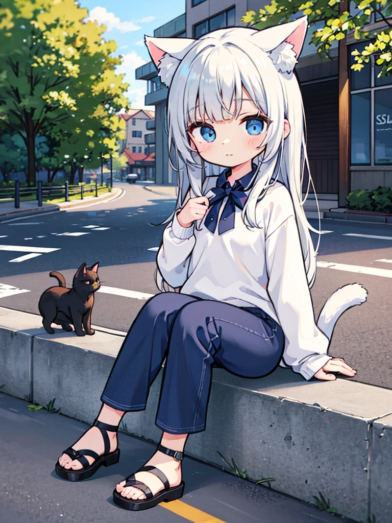 masterpiece, best quality, high res, solo, 1 girl, long hair, silver hair, loli, nice breasts, flat chest, small breasts, bangs, dark blue eyes, blush, wait length hair, looking at viewer, closed mouth, squiggly mouth, cat ears, cat tail, cat girl, happy, sitting down, roadside, sitting on sidewalk, white sweater, dark blue pants, black sandals, head resting on hand, arm resting on knee, pretty, cute, in front of store, road, silver cat ears, small tail, waiting, bright colors, vibrant, extrasharp, high sharpness, nice hands