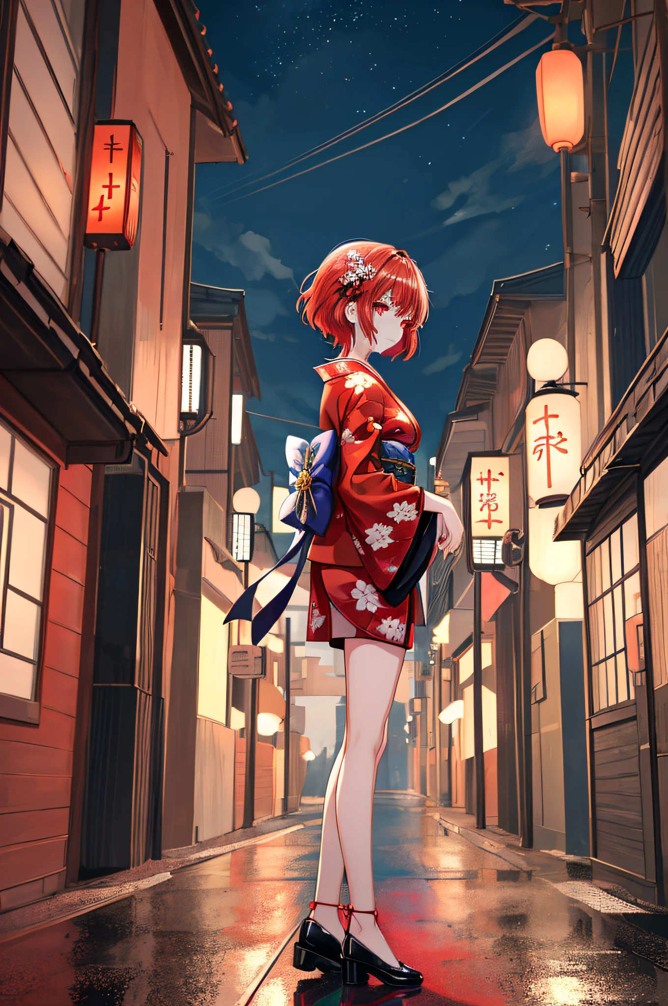 (fullllbody, Legs and shoes are visible: 1.2),In front of the building, scenecy, teto, the wind,(wide angles,More about Ultra HD,masutepiece, hyper HD, Super Detail, high details, Best Quality, hight resolution, awardwinning, 8K,,Original,(Illustration:1.1),(Best Quality),(masutepiece:1.1),(Highly detailed CG Unity 8k wallpaper:1.1), (Colorful:0.9),(mid-shot:0.95),(extremely detailed beautiful face),(Solo:1.2), (girl),(((Adult))), (Detailed beautiful eyes:1.15), (Beautiful face:1.15), (Glowing red eyes:1.25////),(((red short hair))),(+perfect hand+:1.21),(Draw an illustration of Japanese kimono costume),(Religious),(slender),(White and red kimono),city street background,adult girl,From Side,