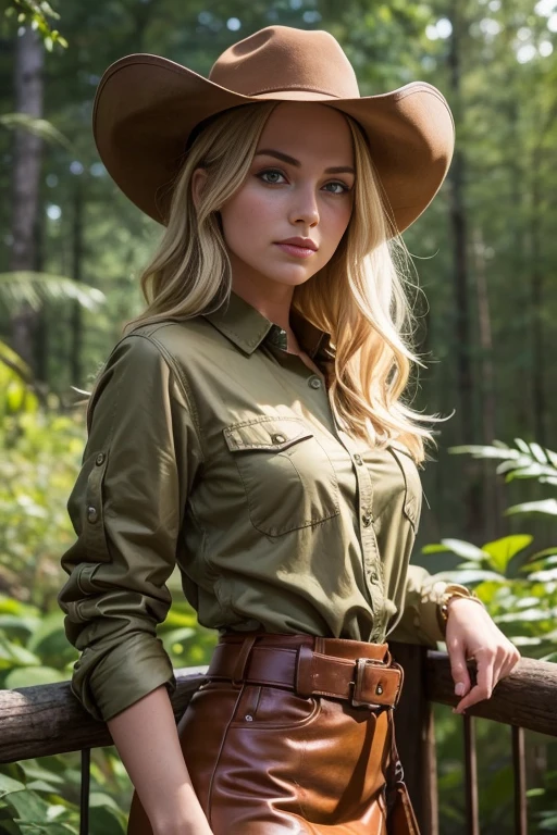 1 beautiful blonde woman, 23 years old, wavy hair. she is a model. (she's a 90s adventurer). her face, mouth and expression convey an emotion of surprise, (she is dressed like a 90s explorer), (she wears a 90s camel shirt with sleeves:1.2), (she wears a long, loose khaki cotton skirt from the 90s:1.2), (she wears leather belts and a leather cartridge case from the 90s), (a brown cowboy hat on her head), (in a forest:1.1), during the night, a bright yellow dot illuminates her left profile, perfect eyes, perfect hands, Perfect Body, perfect hair, perfect breast, UHD, retina, master piece, accurate, anatomically correct, textured skin, Super Detail, High details, high quality, Award winning, best quality, High, 16k , 8k