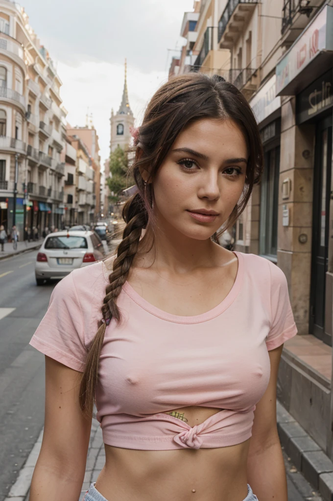 pretty woman in madrid, pink t shirt, tied hair