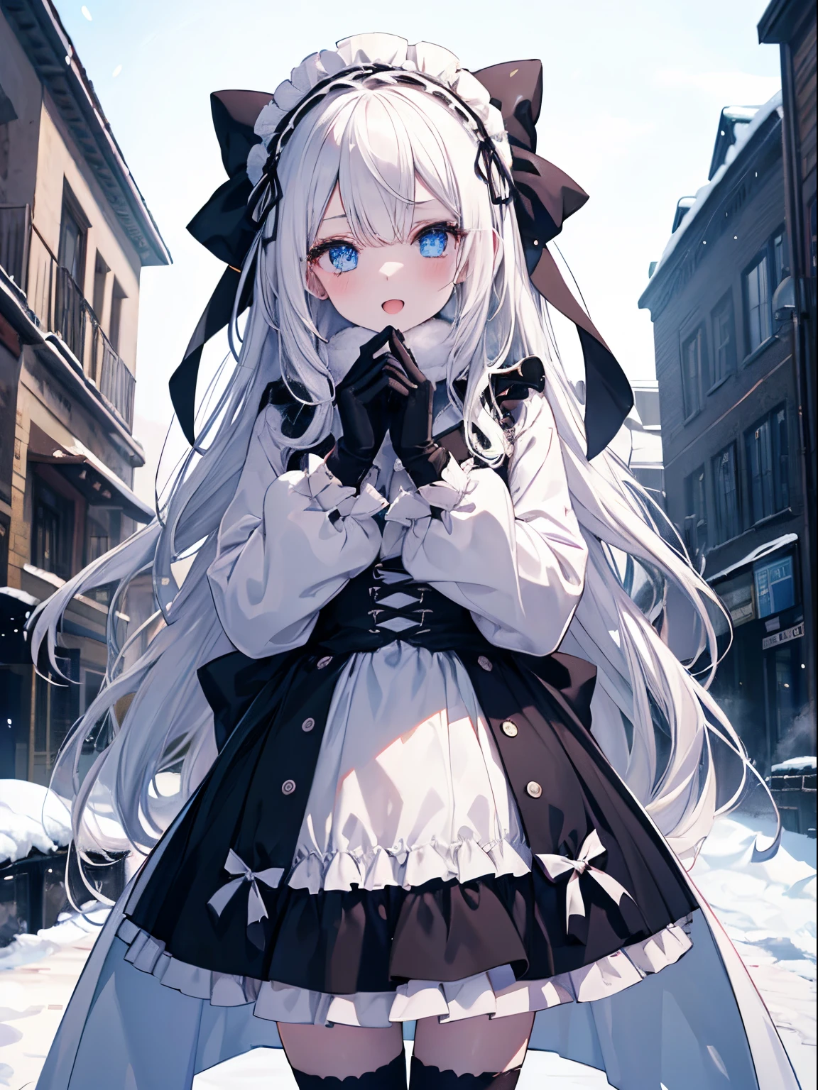 masutepiece, Highest Quality, (Perfect face:1.1), (high detailing:1.1), (ultradetailed eyes), Dramatic, superfine illustration, Extremely detailed, 1girl in, (pale skin), long white hair, Ethereal eyes, Blue eyes,tareme, (light eyebrow),blush,Solo,Smile, Happy, Laugh, Enjoy, Open mouth, Pouty lips,Cinematic lighting, Looking at Viewer,Cowboy Shot,Winters,Snow,Long sleeve, Gothic ta, frilld, bow ribbon,Head dress, knee high socks, Long coat , Long Muffler, gloves,Park