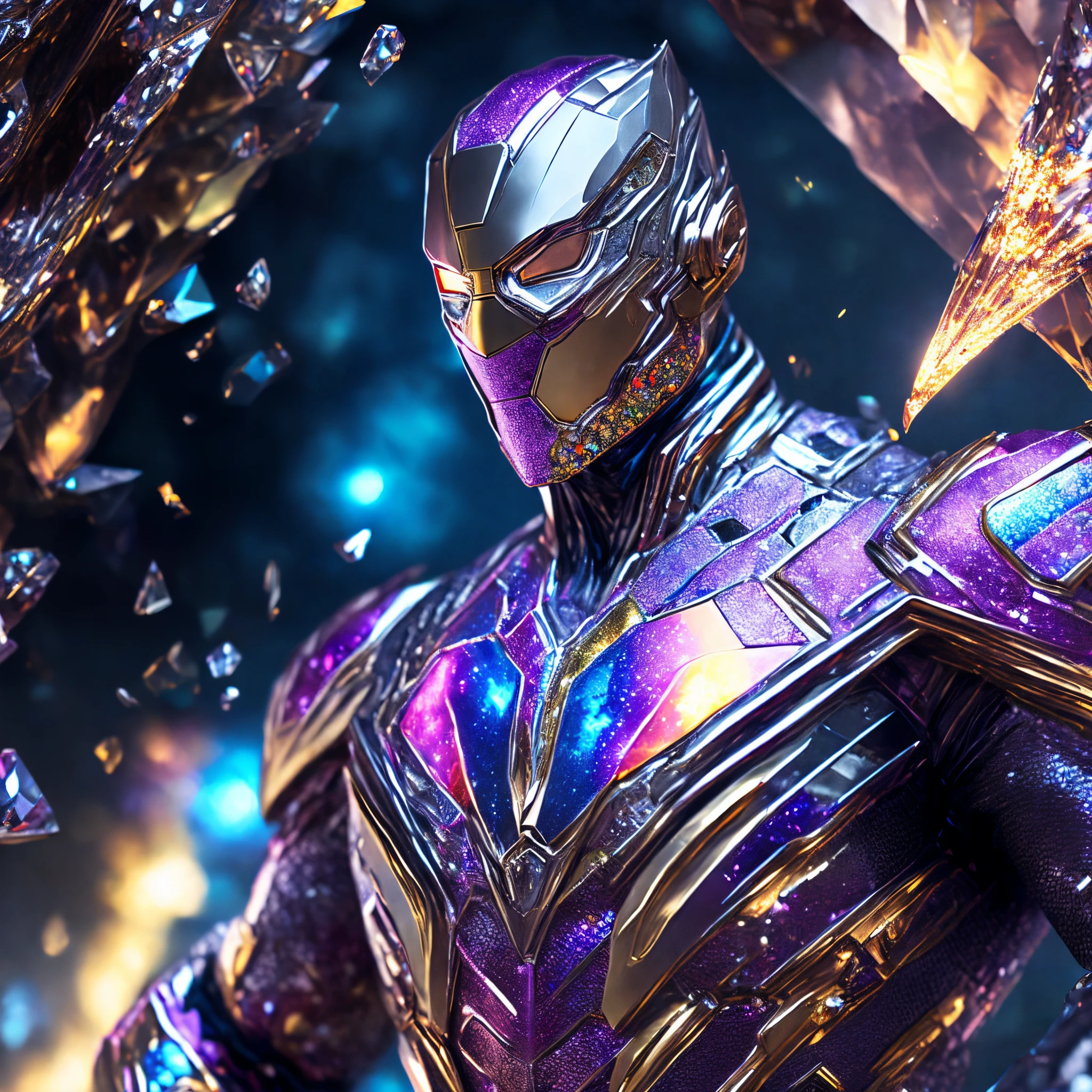 Close-up (multi coloured diamond-man from Marvel in chrome metal style: 1.3) emerging from the underground crystal cave, well detailed, sparks, flying debris, volumetric light