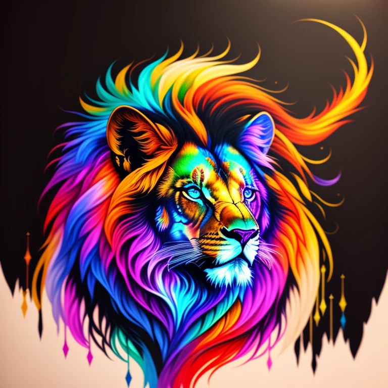 A painting of a colorful lion on a black background,, breathtaking rendering, dans une connexion rayonnante, inspired by Kinuko Y. Craft,, Magical elements, Wolf icon, wow, est magnifique, lancer un sort multicolore, flash lumineux, flash, Canon, Fujifilm, motion lines, 8k, ccurate, best quality, award winning, high details