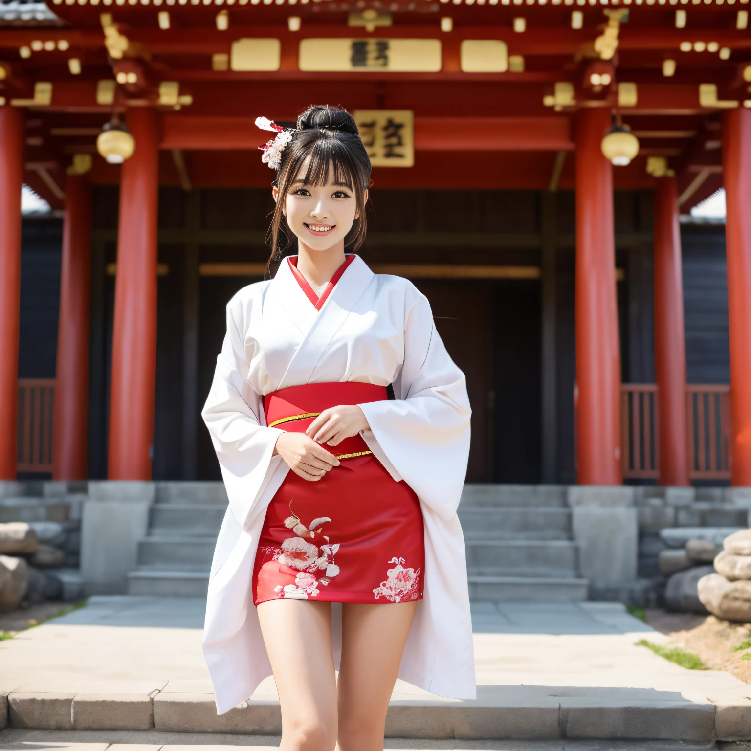 ((top-quality、masutepiece、8K、Top image quality))、(one shrine maiden princess:1.3)、(Luxuriously decorated long-sleeved kimono for a princess:1.3)、(Luxury mini skirt for princess:1.3)、(Photographing a woman from the knees up:1.1)、(low angles:1.3)、(white long kimono:1.2)、(Red mini skirt:1.3)、(Very luxurious and luxurious long-sleeved kimono:1.3)、luxurious belt around the waist、is standing、Standing、beauty legs、Long beautiful legs、Raw feet、View me、Biggest smile、The background is a majestic and luxurious shrine、A majestic and luxurious exterior that looks just like a real shrine、A luxurious authentic shrine using Niwa lacquerware、accurate anatomy