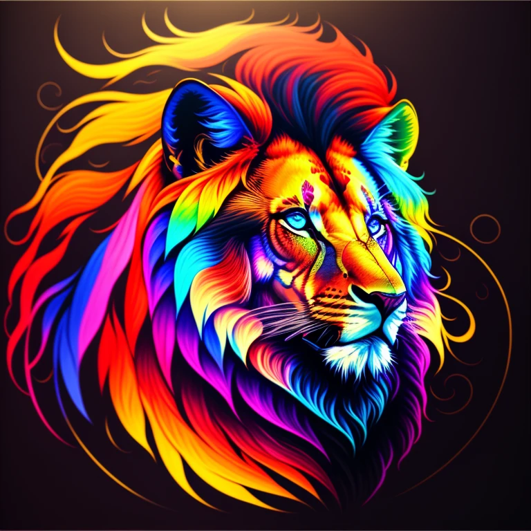 A painting of a colorful lion on a black background,, breathtaking rendering, dans une connexion rayonnante, inspired by Kinuko Y. Craft,, Magical elements, Wolf icon, wow, est magnifique, lancer un sort multicolore, flash lumineux, flash, Canon, Fujifilm, motion lines, 8k, ccurate, best quality, award winning, high details
