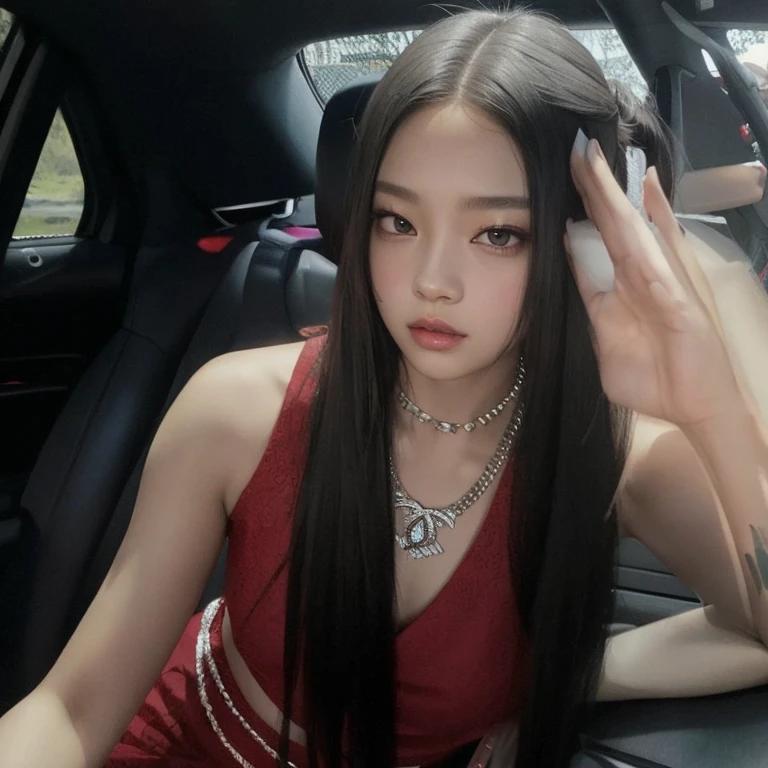 Araffe woman in a red dress sitting in a car with a mobile phone, Blackpink Jennie, Jossi de Blackpink, Parque Roseanne de Blackpink, Retrato de Jossi de Blackpink, sentada en su auto, Jisoo de Blackpink, con el pelo largo, Sha Xi, Gongbi, imagen de muy muy muy baja calidad, she is facing the camera, Jisoo de Blackpink
