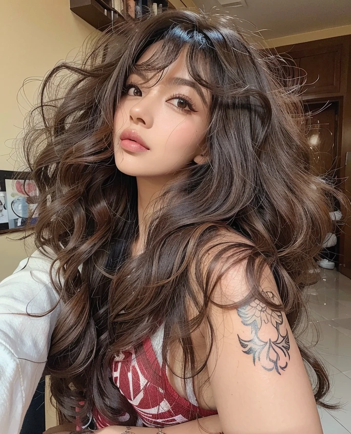 Arafed woman with long curly hair and a tattoo on her arm, franja encaracolado, longos cabelos cacheados pretos selvagens, cabelos cacheados, long messy curly hair, longos cabelos cacheados intrincados, cabelos cacheados prateados, com longos cabelos cacheados, longos cabelos castanhos inchados cacheados, com cabelo e pele texturizados, cabelos afro longos, cabelos longos e cacheados, com cacheado longo, curly hair