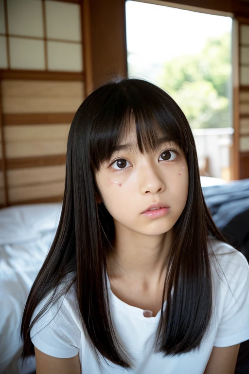 A 16-17 year old Japanese girl with a T-shirt (sin mangas) negra tiene tetas grnades pelo corto cafe esta mirando dulcemente hacia delante  se le ve una oreja  tiene los brasos para atras  esta sentada en una silla en una habitacion de hotel