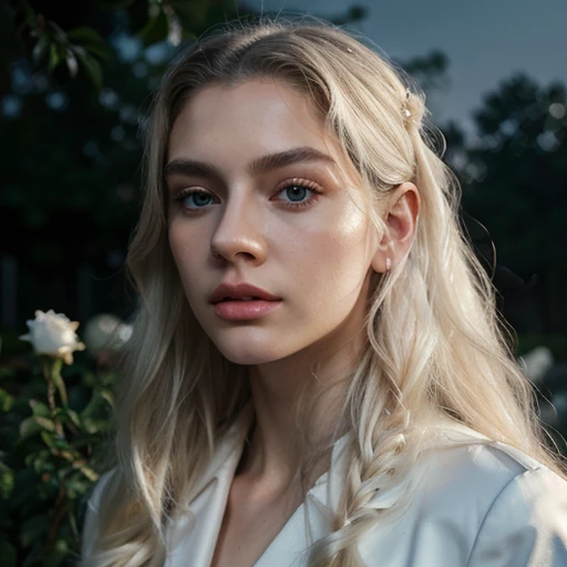 masterpiece, highest quality, (solo focus), (perfect face:1.1), (high detail:1.1), (hyper detailed eyes), dramatic, 1guy, (pale skin), long white hair, ethereal eyes, (light eyebrows), solo, long hair, JTiago Azevedo, moon, night, white luxury suit, pouty lips, fur, proud expression,garden, detailed background, art by artgerm, cinematic lighting, roses, fashion, Balenciaga Style porn