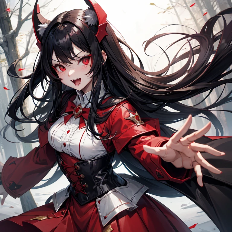 Vampire waifu, cute, red or white cloth, flat, red eyes, Forest, girl, Ultra HD |, masterpiece, 2K, 4k, black hair, open mouth, vampire teeth, cunning mount,