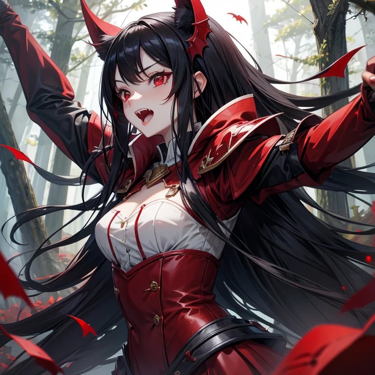 Vampire waifu, cute, red or white cloth, flat, red eyes, Forest, girl, Ultra HD |, masterpiece, 2K, 4k, black hair, open mouth, vampire teeth, cunning mount,