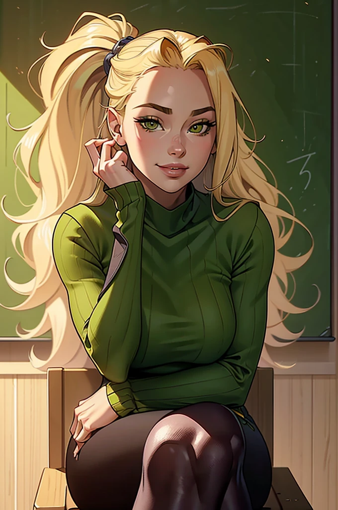 1girl, solo, 16 years old, loose blond hair, wearing velvet red leggings and green sweather, sitting on a chair in classroom, crossing legs, smiling embarassed, side view, bare forehead, hooked nose, puffy cheeks, small breast, alluring, flirty, confident, scornful look, malicious smirk, detailed face, detailed yellow eyes, detailed irises, thick fleshy lips, medieval, high res, best quality, ultrasharp, 8K, cinematic, green wall behind