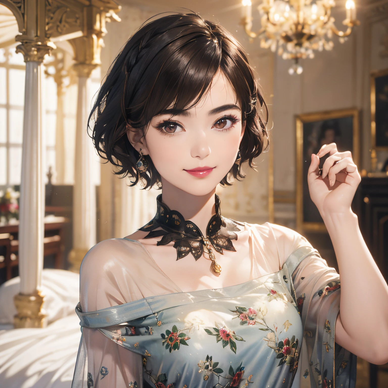 126
(a 20 yo woman,Art Works), (A hyper-realistic), (high-level image quality), ((beautiful hairstyle 46)), ((short-hair:1.46)), (Gentle smile), (breasted:1.1), (lipsticks), (florals), (Luxurious room), (Depth of field is deep), (a Dog,Dalmatian)