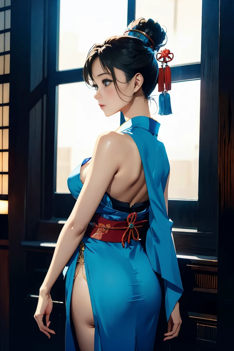(((Looking away))), ((Looks another:1)), A woman stands in the pale blue flames of a dark sea mirage, wearing sexy, traditional Japanese attire. she is beautiful, pale skin, bright brown eyes, and incredible proportions, sexy body