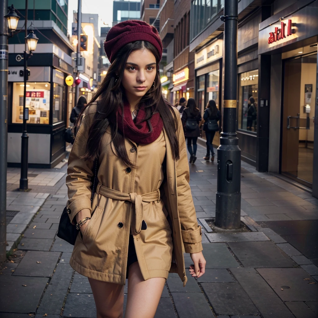 (one girl), Hanna, a 21 year old girl, 1.70 meters tall, weighs 49 kg, has very long and straight dark purple hair, has big green eyes, wears gold earrings and bracelets, always has a smartwatch on wrist, wearing a coat with a red scarf, walking in the city with headphones on his head listening to music, (hands hidden), ultra realistic style, (seed 3978045937)