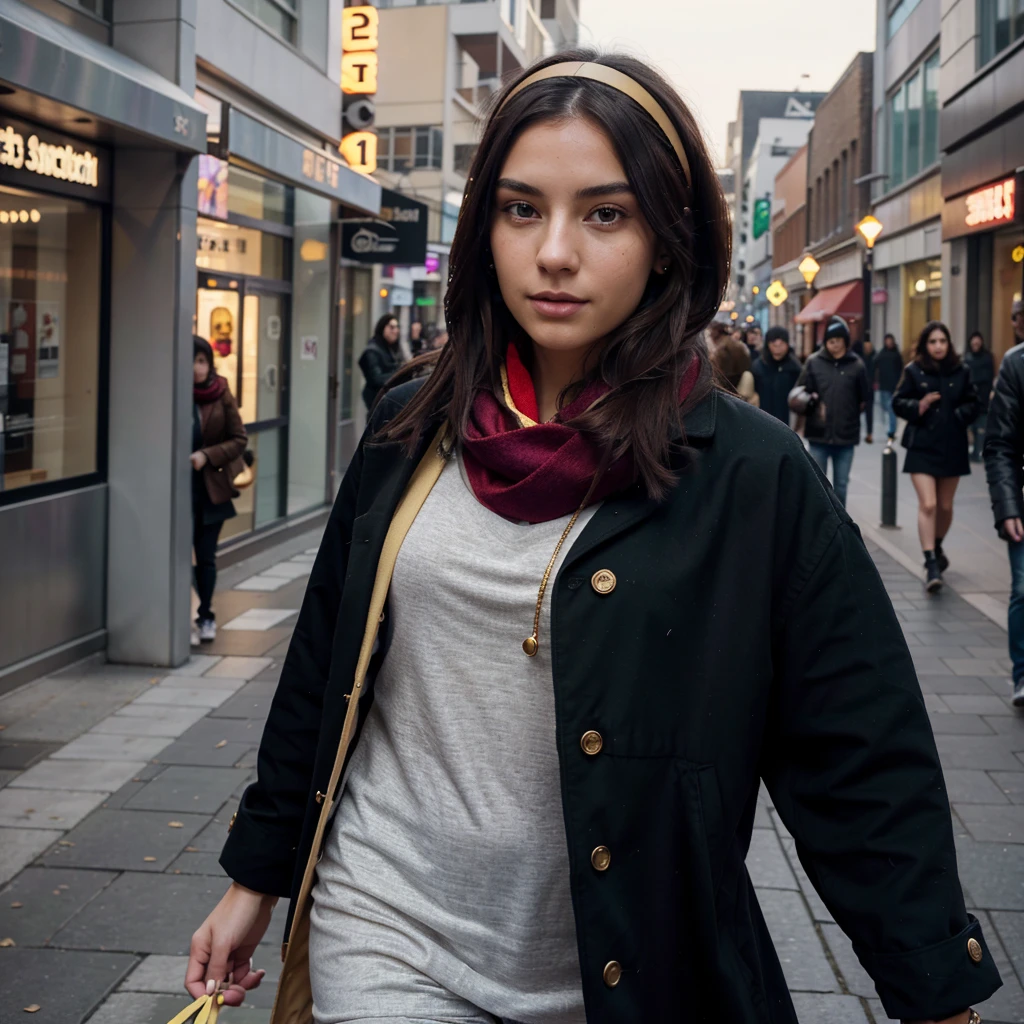 (one girl), Hanna, a 21 year old girl, 1.70 meters tall, weighs 49 kg, has very long and straight dark purple hair, has big green eyes, wears gold earrings and bracelets, always has a smartwatch on wrist, wearing a coat with a red scarf, walking in the city with headphones on his head listening to music, (hands hidden), ultra realistic style, (seed 3978045937)