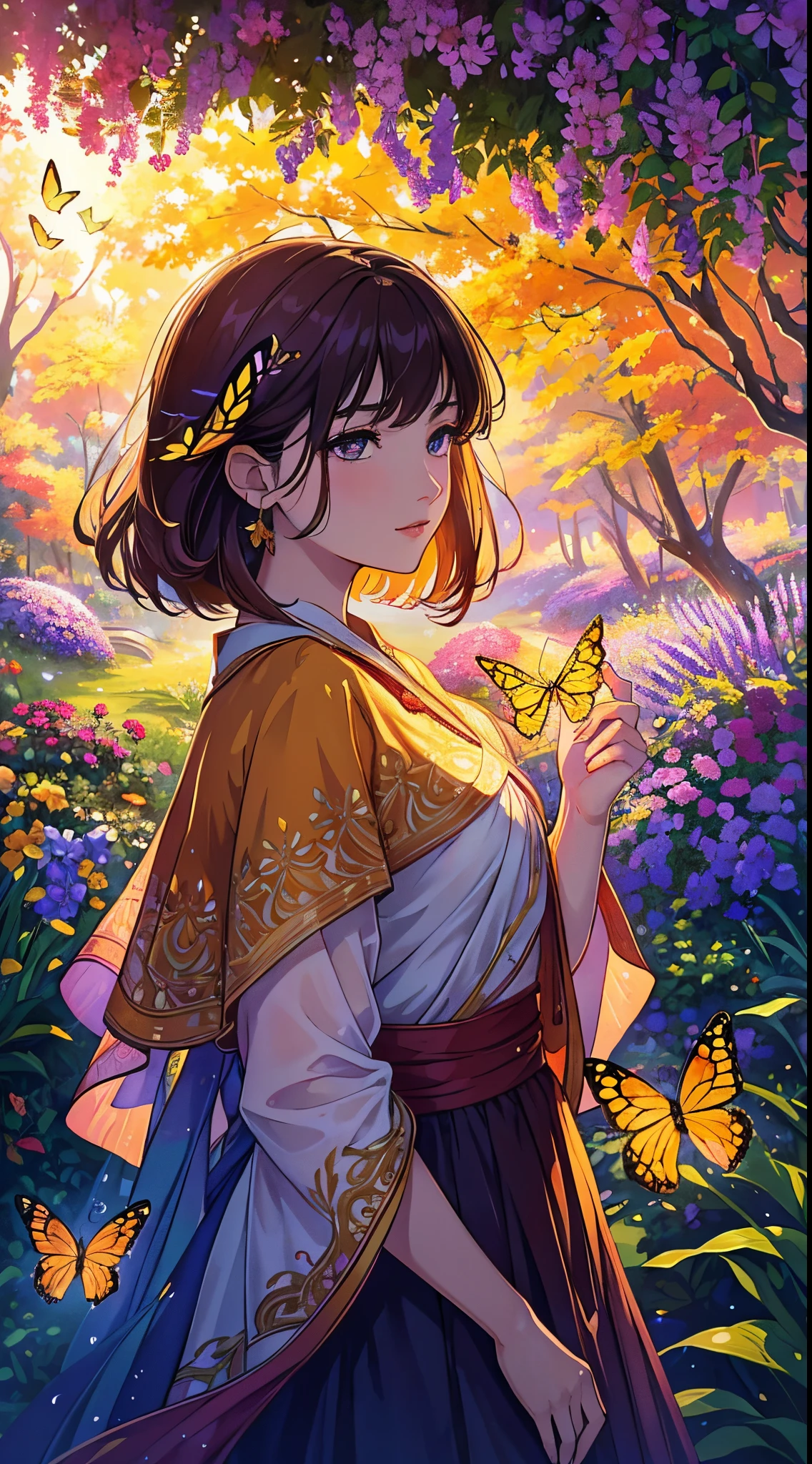 "A girl with a feminine face, beautiful detailed eyes, beautiful detailed lips, and extremely detailed face. She has long eyelashes and a graceful appearance. The vibrant colors of red, orange, yellow, and purple are prominent in the artwork, creating a warm and energetic atmosphere. The lighting is soft and illuminates her face, accentuating her features. The overall image quality is of the best quality, with 4k resolution, high details, and photorealistic rendering. The artwork is created in an illustrative style, combining the richness of oil paintings and the intricate details of 3D renderings. The girl is standing in a garden, surrounded by lush greenery and colorful flowers. The sunlight filters through the leaves, casting a warm glow on her face. The scene is filled with butterflies and birds, adding a sense of liveliness to the overall composition. The artwork is a masterpiece, showcasing the artist's skill and attention to detail. The colors are vivid and vibrant, creating a visually stunning piece. The focus is sharp, capturing every precise detail of the girl's features and the surrounding environment. The use of bokeh adds a dreamy and ethereal touch to the image. The overall tone of the artwork is warm and inviting, with a harmonious blend of red, orange, yellow, and purple hues. It evokes a sense of joy and positivity. The lighting enhances the depth and dimension of the artwork, creating beautiful contrasts and shadows. The artwork transports the viewer into a vibrant garden, enchanting them with its beauty and intricacy."