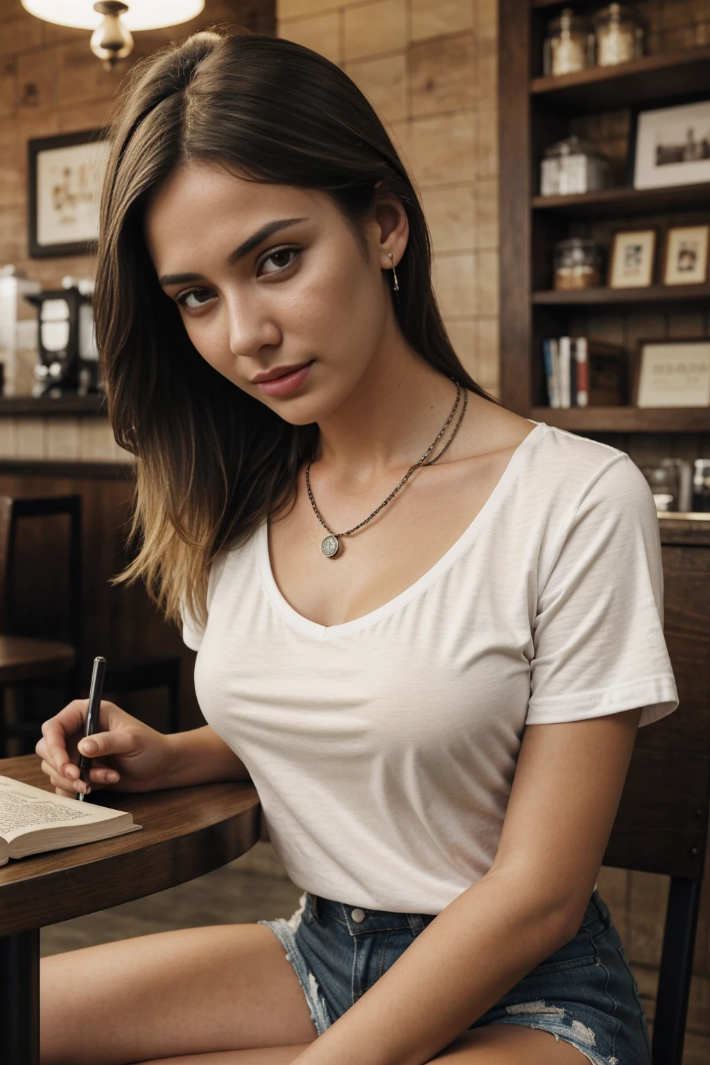 1girl 16 year old, solo, big breasts, looking at a book, blonde hair, brown eyes, jewelry, full body, necklace, lips, realistic, nose, sexy, flirting with camera, full body, , full view of body, smirking, winking, realistic, high detail, photo quality, sitting in a coffee shop, photorealistic, 35mm, intricate details, hdr, intricate details, hyperdetailed, natural skin texture, hyperrealism, sharp, detailed face and skin, black short shorts, white t-shirt top, reading a book, coffee shop, coffee, grain film, super realistic, skin pigmentation, pores