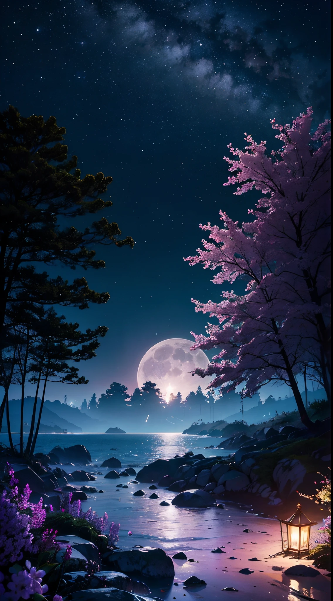 (melhor qualidade,4k,8k,Altas,master part:1.2),ultra-detalhado,(Realistic,fotorrealista,photo-realistic:1.37),paisagem noturna,lua minguante,nuvens iluminadas pela lua detalhadas,Starry sky,atmosfera tranquila,Azul Cool,Purple,lilac,Branco,gradientes sutis,brilho fraco,sombras suaves,ethereal beauty,estrelas cintilantes,imagem perfeita,magical scenery,Ambiente de sonho,Mysterious allure,tons escuros,lua radiante,quietude serena,Silhouette of trees,calma no ar,tranquilidade noturna,vista encantadora,serenidade lunar