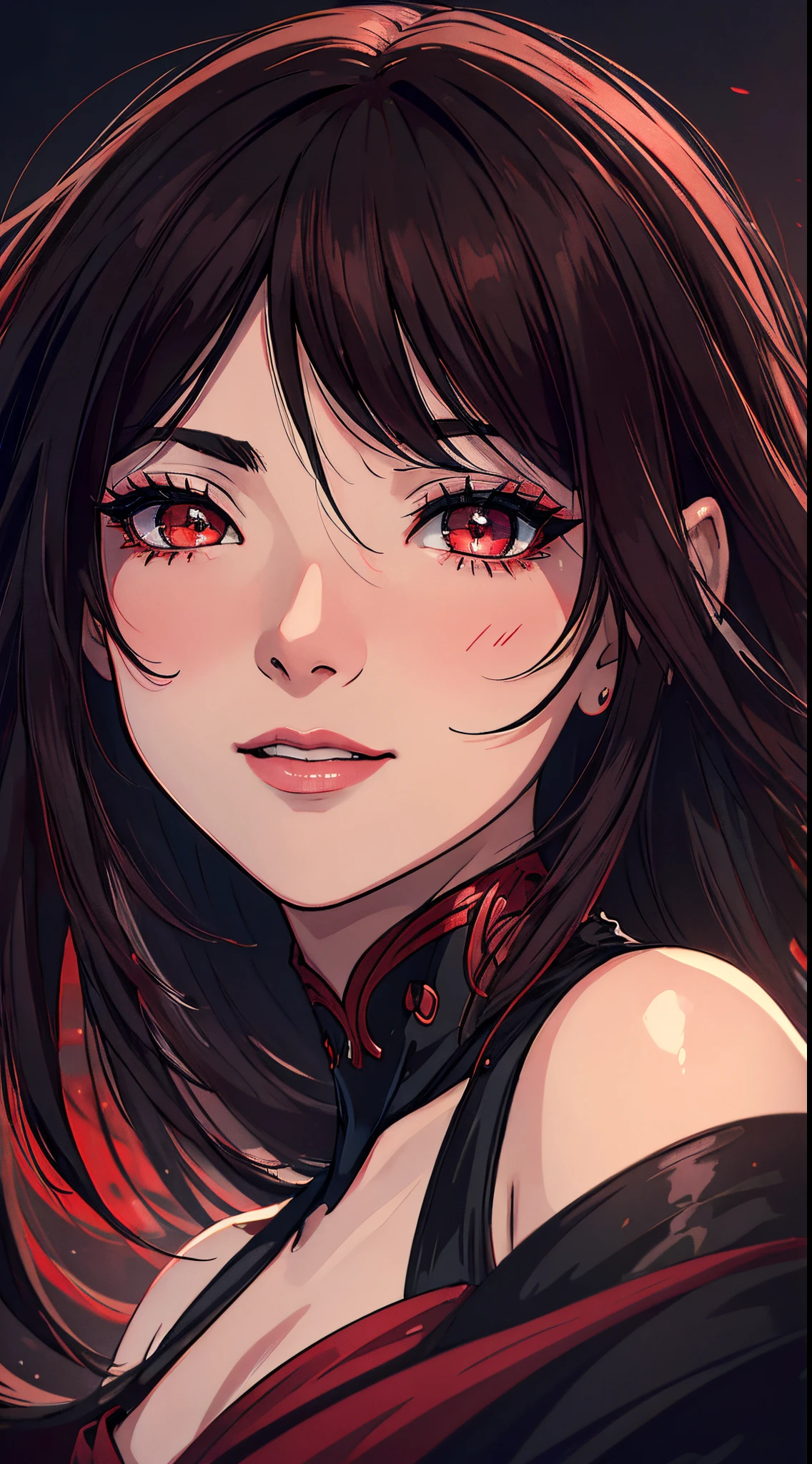 (best quality,ultra-detailed,photorealistic:1.37),anime style female face,black and red colors,lively and expressive eyes,detailed lips,long eyelashes,dark hair,soft skin tone,subtle blush,delicate facial features,stylish and edgy hairstyle,smiling expression,alluring gaze,playful and dynamic pose,vibrant and saturated colors,crisp and sharp focus,dramatic lighting,contrast between black and red,mysterious and captivating atmosphere.