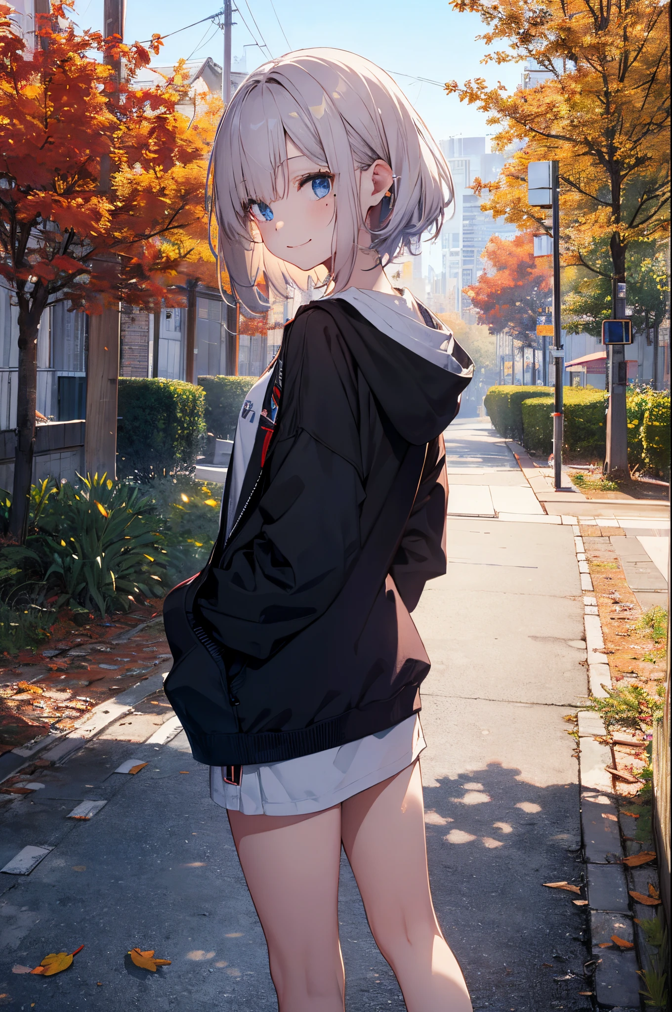 （Girl with a nasty appearance:1.3）、(Daylight hours:1.5)、(and chest:1.4)、Raw photography, top-quality, hight resolution, (​masterpiece), (Photorealsitic:1.4), (Mole under the eyes),Anime Cosplay, foco nítido, nffsw, 8K分辨率, intricate detailes, depth of fields, the Extremely Detailed CG Unity 8K Wallpapers, front lit, femele,25-years old、 Happy face,Smiling、Bangs covering one eye、(tying  hair:1.5)、(Medium Showtrain Bo Hair)、(Big hoodie)、blue eyess,(a park:1.5)、(Walk:1.3)、(Full body depiction)、cell phone、(from back view:1.2)、shining world、Autumn、tree々、Winters、midwinter
