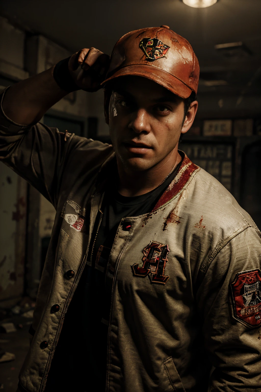 Baseball player with team jacket and red team cap, lots of details, Zombie games, Resident Evil, Realistic scenes, ultra-clear, with baseball bat, baseball athlete, com um taco de baseball cheio de arames detalhado,