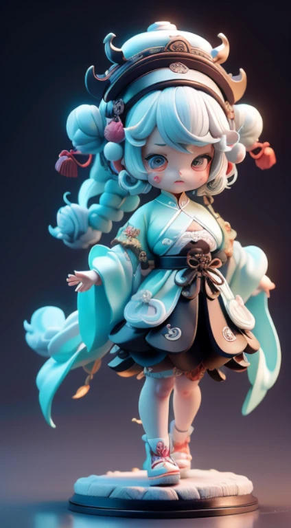 Blind box style girl full body, Chibi, Designed a cuter monster,Wearing traditional silk clothing from the Ming Dynasty of China,Incorporate elements of Chinese officialdom,Adopted in the style of Chinese painting,Use cinematic lighting and a clean white background with a quality color palette,Create a full-body 3D model full of ancient Chinese cultural elements,largeeyes,tiny mouth,The action is cute,big breasts enchanting。Create stylish blind box toys that collectors can’t resist