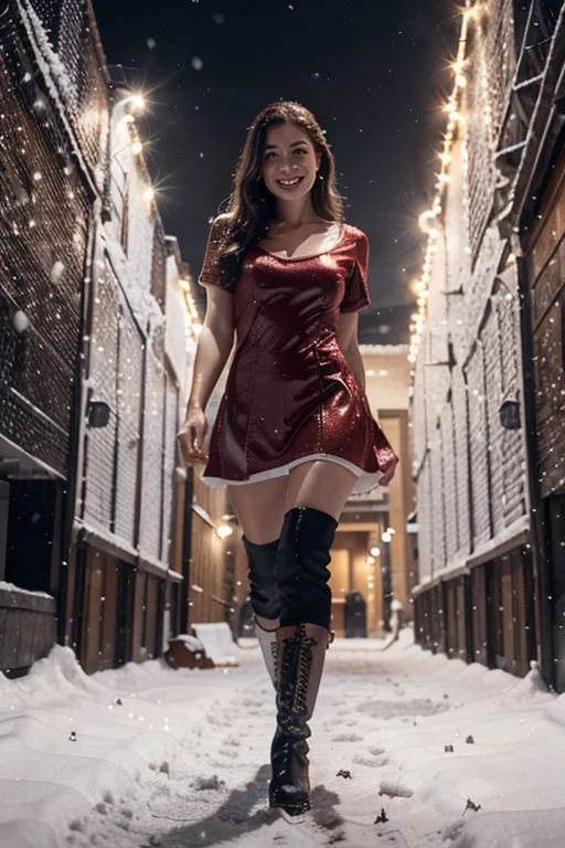 woman,short dress,santa claus costume,black boots,walking to observer,(best quality,4k,8k,highres,masterpiece:1.2),ultra-detailed,realistic,photorealistic:1.37,portraits,vivid colors,studio lighting,winter scene,cold breeze,snow-covered ground,pine trees covered in snow,snowflakes falling in the air,magic atmosphere,sparkling lights,evoking joy and excitement