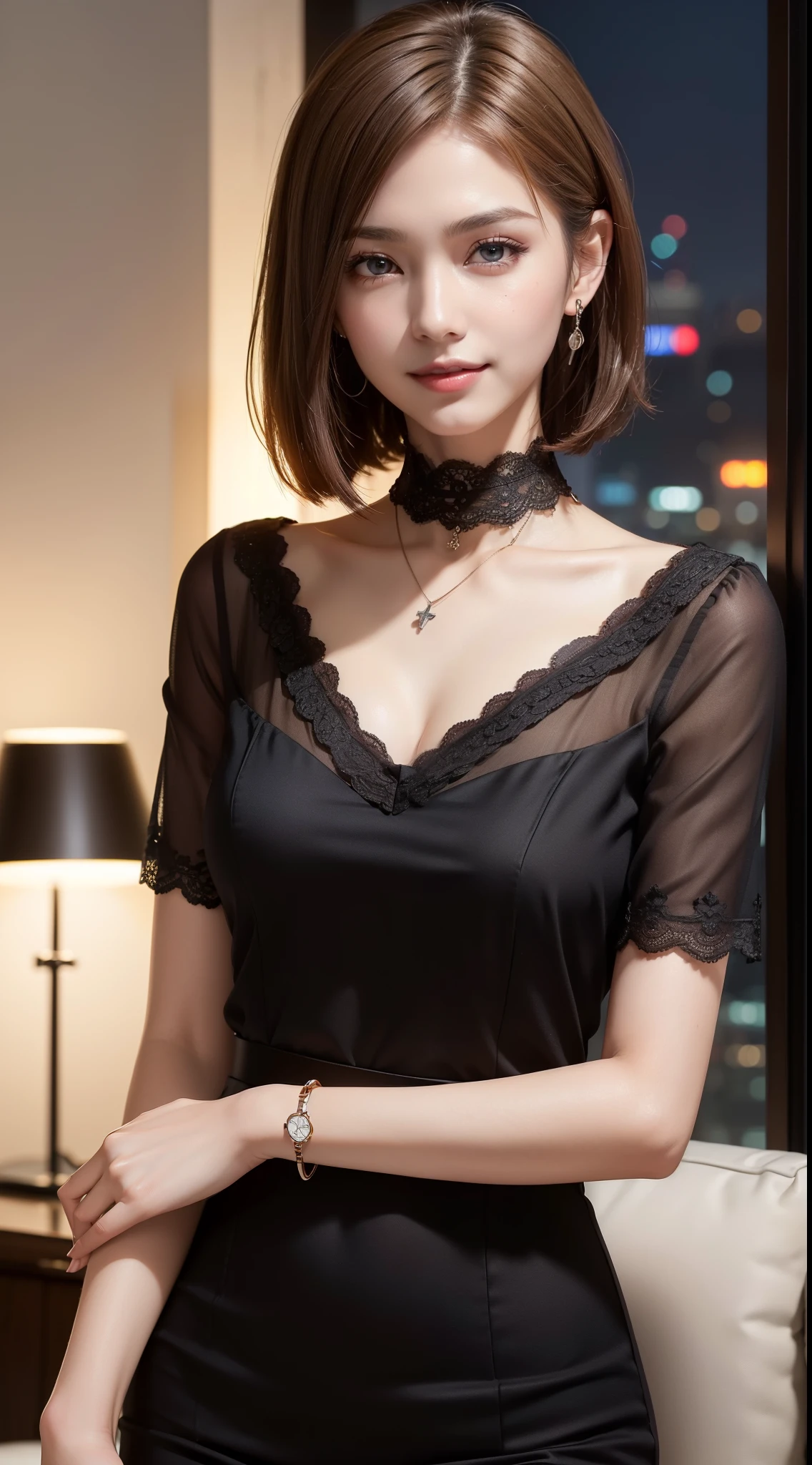 8k, masterpiece, RAW photo, best quality, photorealistic, extremely detailed CG unity 8k wallpaper, Depth of field, Cinematic Light, Lens Flare, Ray tracing, (extremely beautiful face, beautiful lips, beautiful eyes), intricate detail face, ((ultra detailed skin)) 1girl, in the dark, deep shadow, pretty Asian girl, idol, 1 girl, (very slim slender fit-muscled body:1.3), ((looking at viewer)),(big smile:1.3), (tight laced blouse), ((black red color blouse)), (laced short sleeve) , (city night, dark night, (blurred background), dim lights, cityscape, rooftops, veranda, sofa, big windows, beautiful earrings, bracelets, necklace, clear eyes, (pale skin), (big eyes), face forward, ((upper body shot)),(brown hairs), thick thighs, close up shot, business casual, short hair