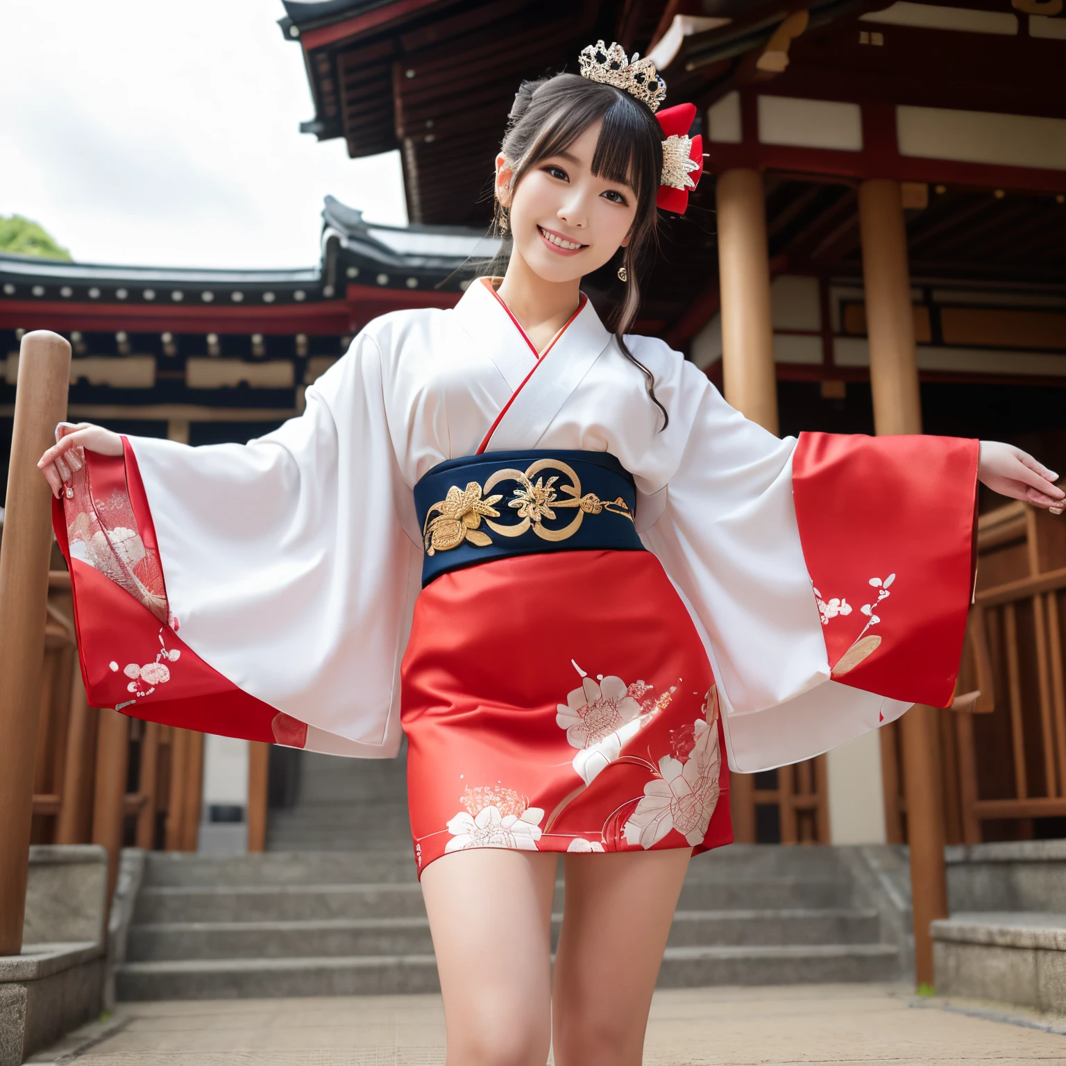 ((top-quality、masutepiece、8K、Top image quality))、(one shrine maiden princess:1.3)、(Luxuriously decorated princess long-sleeved kimono:1.3)、(very luxurious and intricate costumes:1.1)、(Luxury mini skirt for princesses:1.3)、(Photographing a woman from the knees up:1.1)、(low angles:1.3)、(White furisode:1.2)、(Red mini skirt:1.3)、(This is a very luxurious and luxurious long-sleeved kimono.:1.3)、luxurious belt around the waist、is standing、Photograph the standing shrine maiden princess from below.、beauty legs、long beautiful legs、Raw feet、View me、Biggest smile、The background is a majestic and luxurious shrine、A majestic and luxurious exterior that looks just like a real shrine、A luxurious authentic shrine using Niwa lacquerware、accurate anatomy