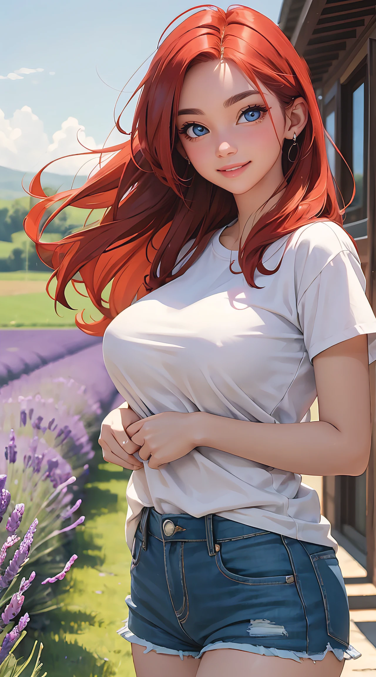 (masterpiece, best quality), 1 girl, perfect body, big breasts, red hair, green eyes, wearing a white shirt and shorts, ((shy expression)), lavender field