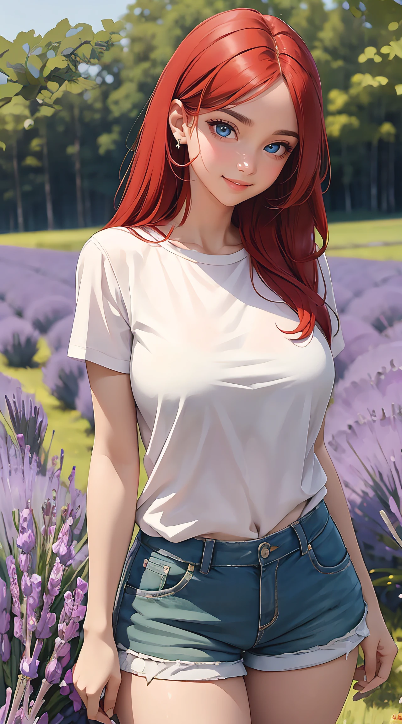 (masterpiece, best quality), 1 girl, perfect body, big breasts, red hair, green eyes, wearing a white shirt and shorts, ((shy expression)), lavender field