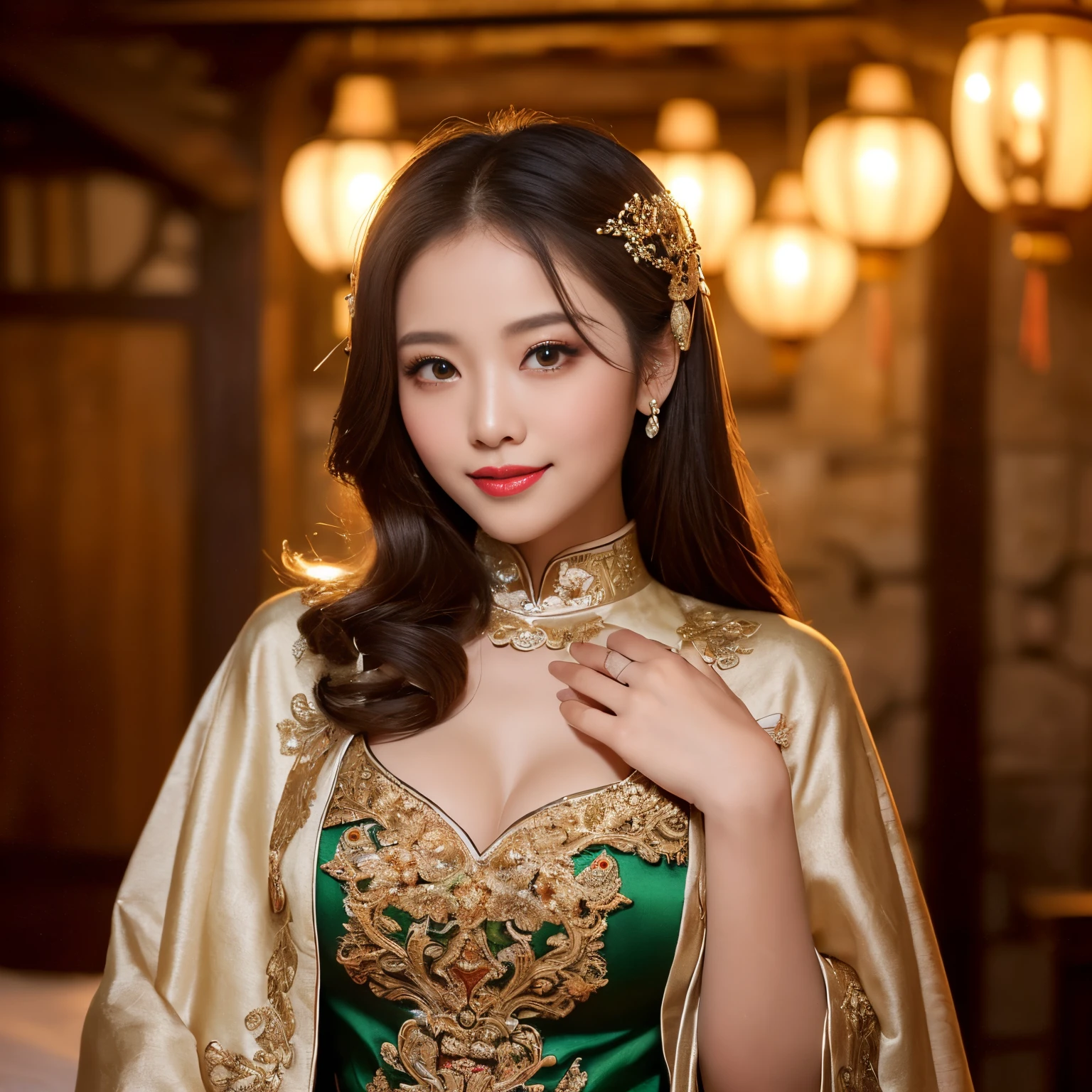 ((top-quality、masutepiece、8K、Top image quality、Highly complex and detailed depictions))、(Vietnamese prostitute upper body photo:1.3)、Luxurious medieval Vietnamese brothel、the most luxurious prostitute costumes、((The most beautiful medieval Vietnamese courtesan costumes、The most luxurious medieval Vietnamese costumes、The most luxurious and huge whore bedroom、The most luxurious brothel bedroom imaginable、A very luxurious medieval Vietnamese brothel、Medieval Belgian brothel bedroom at midnight、Very complex decoration)、(View me、Bewitching smile、Perfect makeup、long eyelashes、lipsticks、eyeshadows、perfect anatomia、A slight smil)、(Depth of field is deep:1.5)、(Detailed and complex background:1.3)、(Clear background of huge medieval Vietnamese bedroom:1.3)、(accurate anatomy:1.3)、((spectacular movie lighting、romantic warm lighting))、(Obscene mood 1.1)、(romantic mood night:1.3)、(Perfectly recreates the atmosphere of medieval Vietnam:1.5)