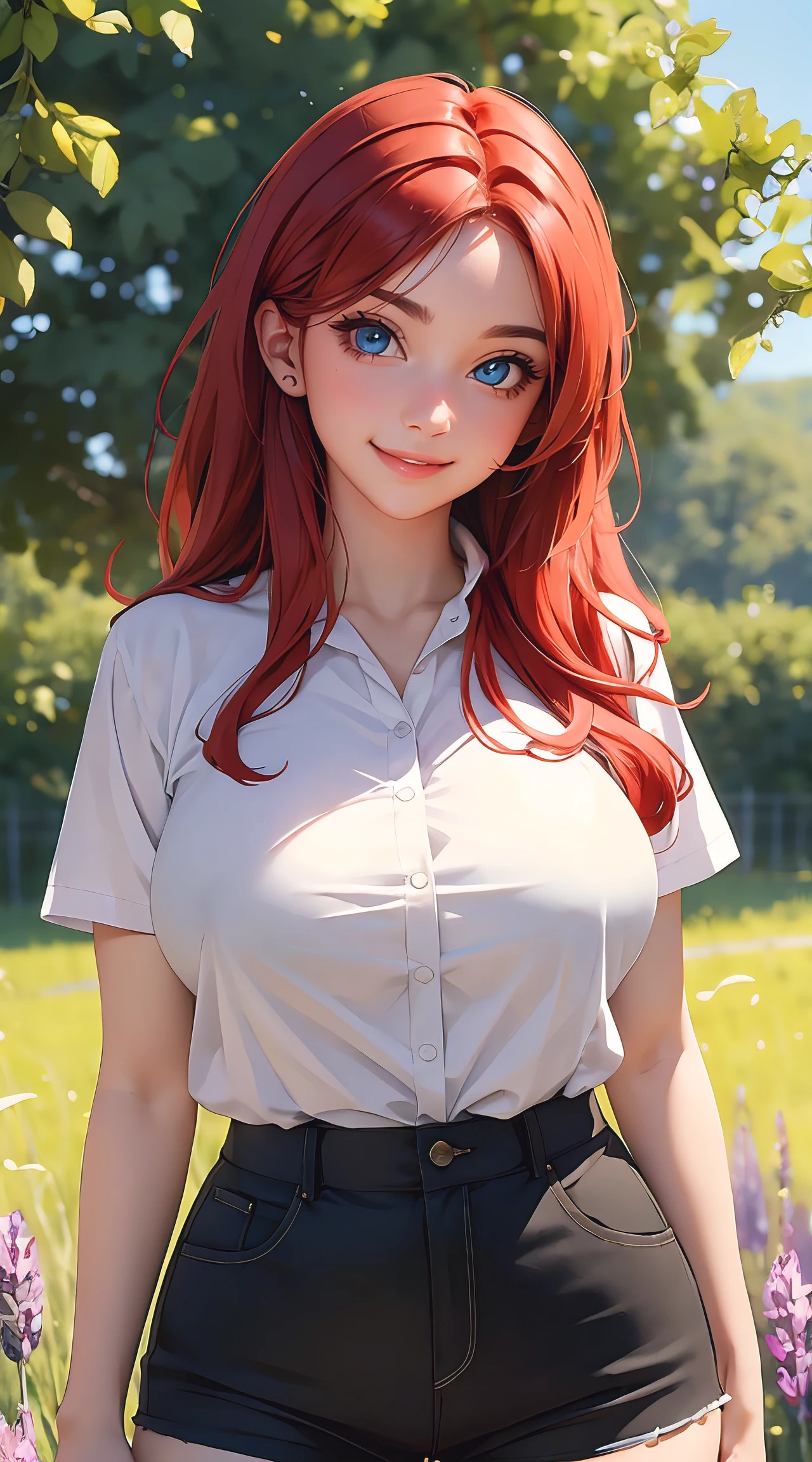 (masterpiece, best quality), 1 girl, perfect body, big breasts, red hair, green eyes, wearing a white shirt and shorts, ((shy expression)), lavender field