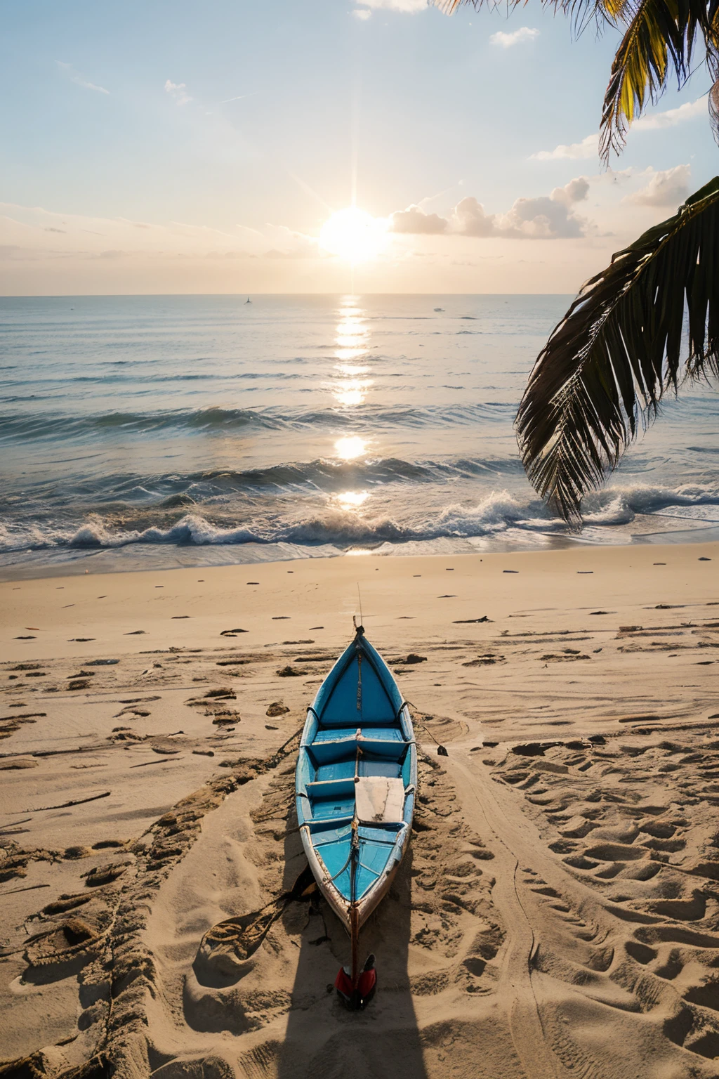 canoa na beira de uma praia entre palmeira e um sol radiante no fundo